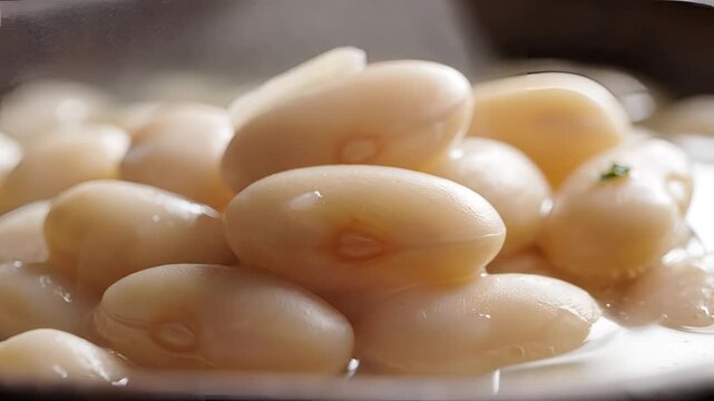 Closeup shot of cooked white beans in a bowl healthy food preparation.