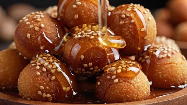 Delicious Loukoumades Greek Doughnuts Drizzled with Honey and Sesame Seeds 1.