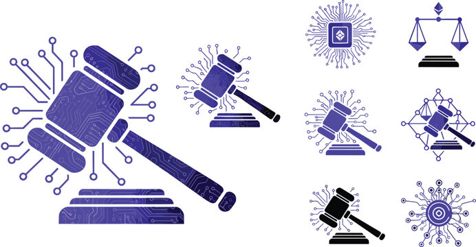 Digital law and smart contract legal tech icon set with circuit board judge gavel scales of justice for blockchain governance concepts