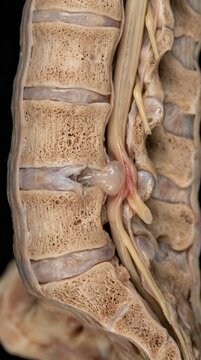 Vertebral column pathology: degenerative disc, nerve compression, herniated disc, lumbar spine, back pain, spinal disorder, radicular pain, chronic ache, medical diagram.