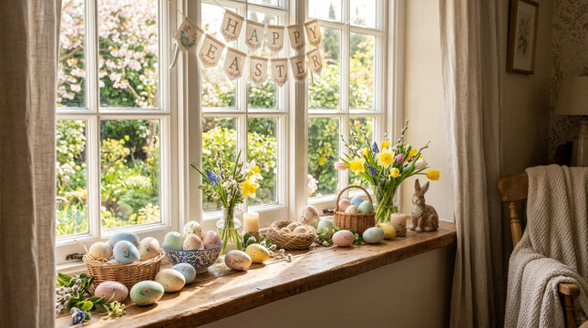 Sunlit Easter Window Display with Pastel Eggs and Cozy Spring Home Decor