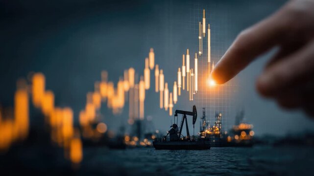 Oil Price Volatility: A close-up of a hand pointing at a fluctuating stock market chart overlayed with oil rig imagery.