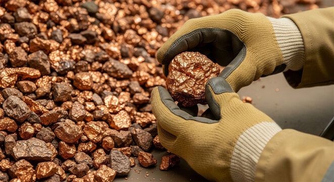 Raw copper ore nuggets held in gloved hands, industrial mining mineral extraction, natural metallic copper stones for metallurgy and commodity trading