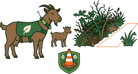 Obraz premium Eco friendly targeted grazing goat icon set with smart GPS collar tracking for invasive weed control and sustainable brush clearance management