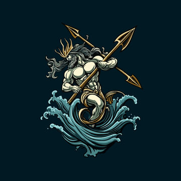 Mythical merman warrior with trident in turbulent ocean waves