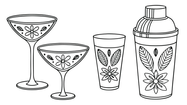 Vector illustration of a cocktail shaker and glassware set with floral patterns cocktail glassware beverage