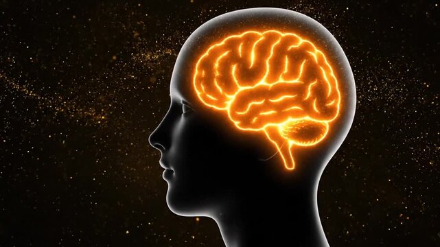 Human Head Silhouette With Glowing Brain.