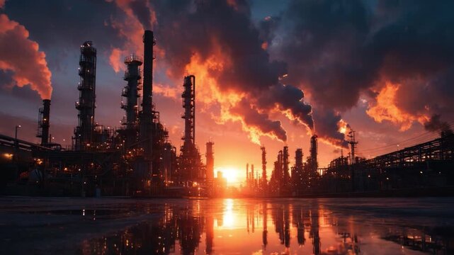 Industrial Sunset Spectacle: A sprawling industrial complex silhouetted against a dramatic sunset sky, with plumes of smoke rising from towering chimneys, reflecting eerily on the wet ground below.