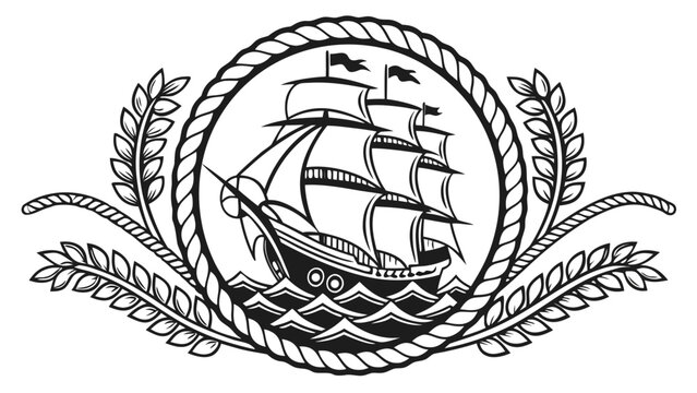 Vector illustration of a vintage sailing ship inside a rope frame with nautical maritime adventure