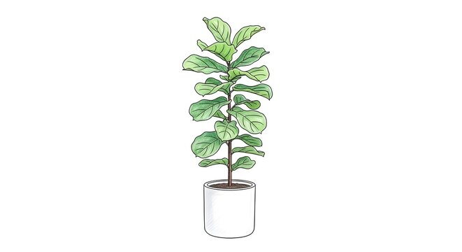 Tall green fiddle leaf fig plant in white pot indoors.