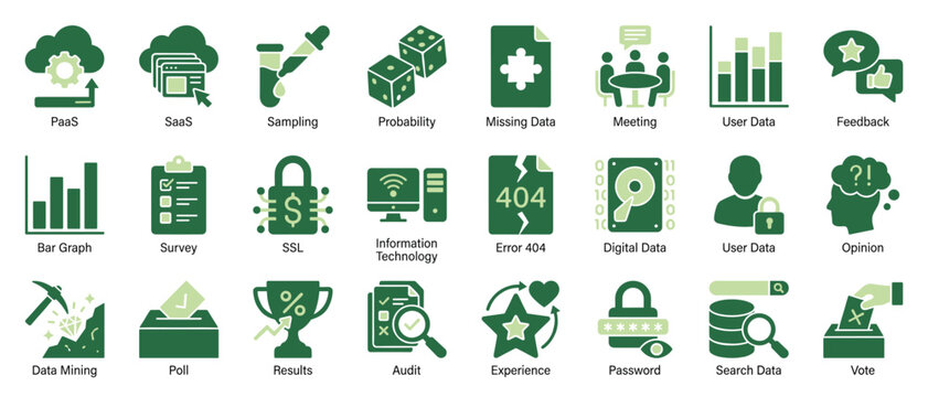 Data technology icon set vector with cloud SaaS PaaS SSL audit password search data mining survey symbols green solid glyph style
