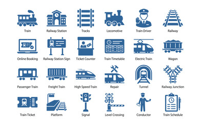 Railway train icon set vector with locomotive station ticket platform tunnel schedule freight symbols blue solid glyph style  © Ahmed