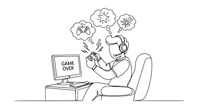 Gamer playing video game on computer, thinking about game elements, game over screen