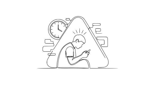 Person engrossed in smartphone inside warning triangle, time pressure concept illustration