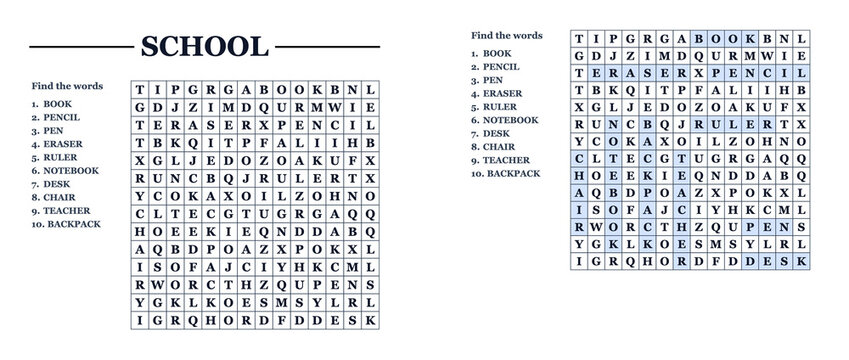 Word search puzzle sheet for school with highlighted answers  