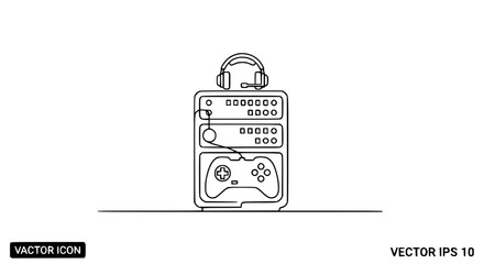 Gaming setup: console, controller, and headset on a stand, minimalist line art vector © Wesi