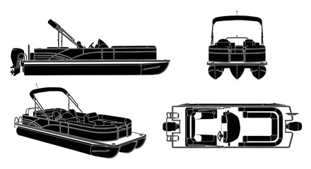 Pontoon Boat Blueprint - Side, Front, Top, and Perspective Views © siti