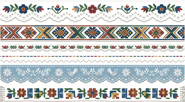Traditional Slavic Embroidery Seamless Border Vector Set with Folk Floral Ornaments Geometric Cross Stitch Patterns and Eyelet Lace Ribbons