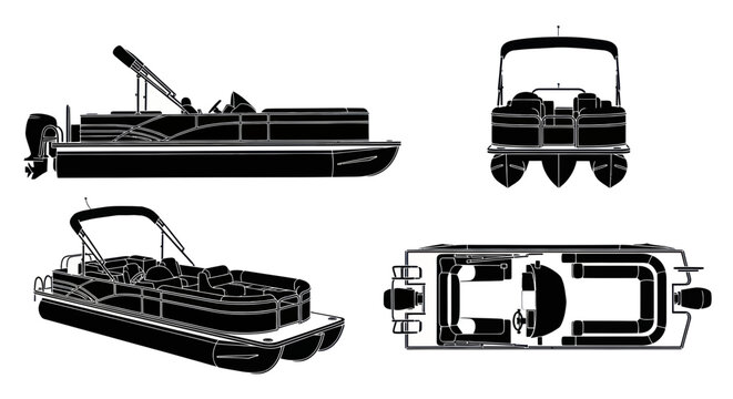 Pontoon Boat Blueprint - Side, Front, Top, and Perspective Views