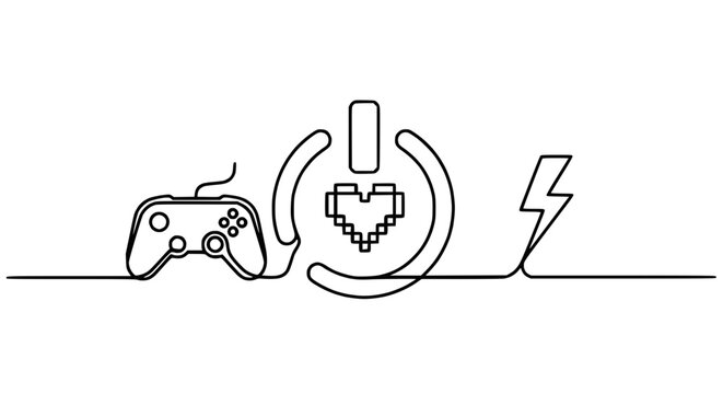 Gamer Power: Controller, Power Symbol, Pixel Heart, and Lightning Bolt - One Line Art