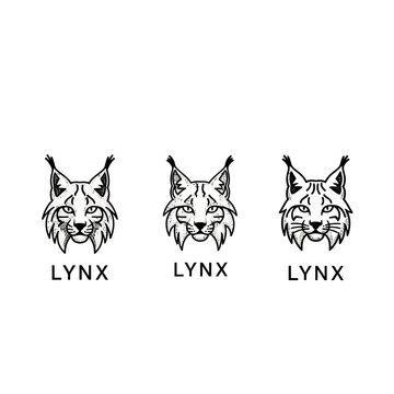 Three stylized lynx heads with geometric line art design.