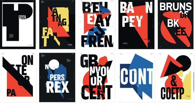 Abstract Constructivist Typographic Poster Vector Set with Bold Bauhaus Swiss Geometry Distorted Letters and Avant Garde Architectural Layouts for Wall ArtAbstra