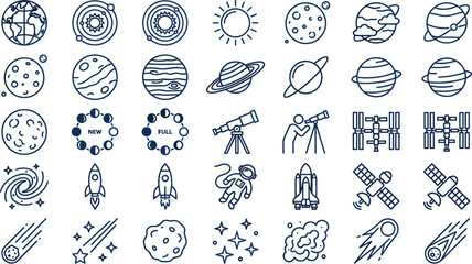 Astronomy and Solar System Space Line Icon Set with Planets Moon Phases Rocket Astronaut Satellite and Telescope Symbols for Science Apps © Monirul