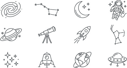Outer Space and Astronomy Line Icon Set with Astronaut Rocket Telescope Planets Constellations and UFO Symbols for Science Apps © Monirul