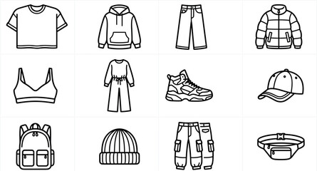 Modern Casual Streetwear and Urban Fashion Line Icon Set with Hoodie Puffer Jacket Cargo Pants Sneaker and Backpack Symbols for Retail Apps © Monirul