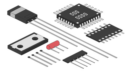 Fototapeta premium Vector illustration of various electronic components and microchips with electronics components microchip