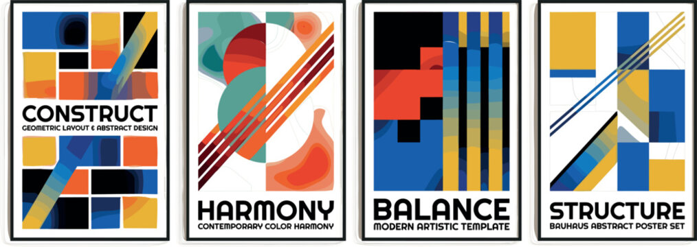 Abstract Constructivist Poster Template Vector Set with Bauhaus Style Geometric Shapes Lines and Typography for Modern Swiss Design Wall Art