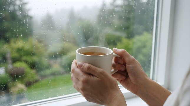 Person hands holding a hot cup of tea or coffee by a rainy window overlooking a lush green garden in the morning for relaxation and peace