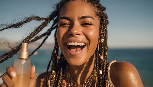 Joyful woman with braided hair and a spray bottle laughs on a sunny beach with the ocean in the