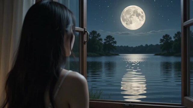 Thoughtful young Asian woman looking out bedroom window at full moon and serene lake at night