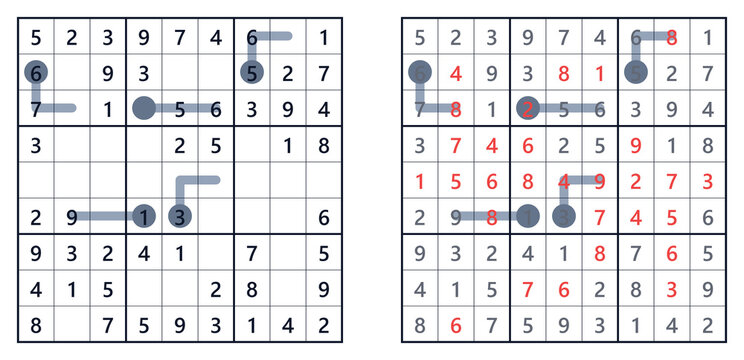 Sudoku game grids with clues and solutions in red highlights  