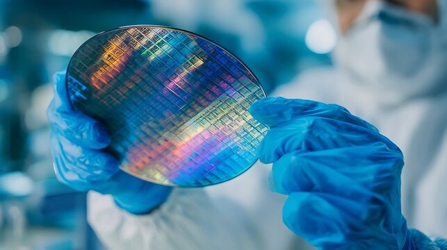 Close-up of a scientist in protective gear holding a silicon wafer with colorful patterns.