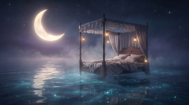 Ethereal dreamscape with a canopy bed floating on tranquil, luminous waters under a crescent moon, enveloped in mystical fog at night