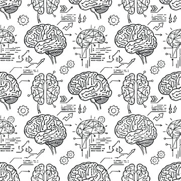 Monochrome line art pattern featuring human brains and tech gears on white vector illustration.