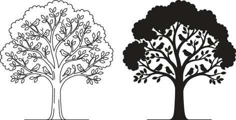 Fototapeta premium Two trees with birds outline and silhouette illustration art