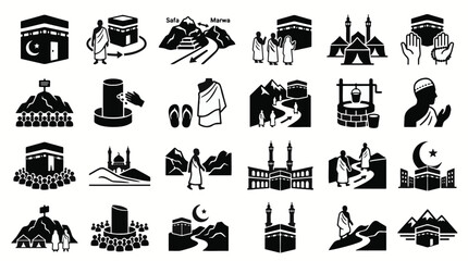 Islamic Architecture Icons, Mosque Symbols, Ramadan Elements, Black Vector Graphics © Mir