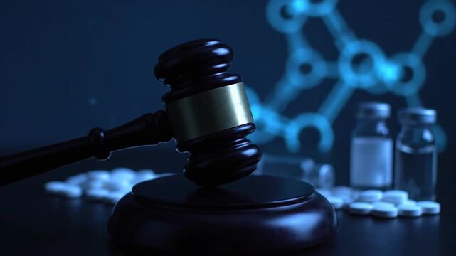 Judges gavel with pills, vials, and science background.