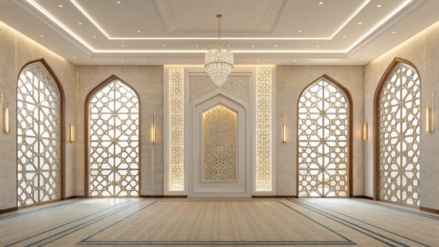 Elegant islamic interior design with arched windows and ornate details