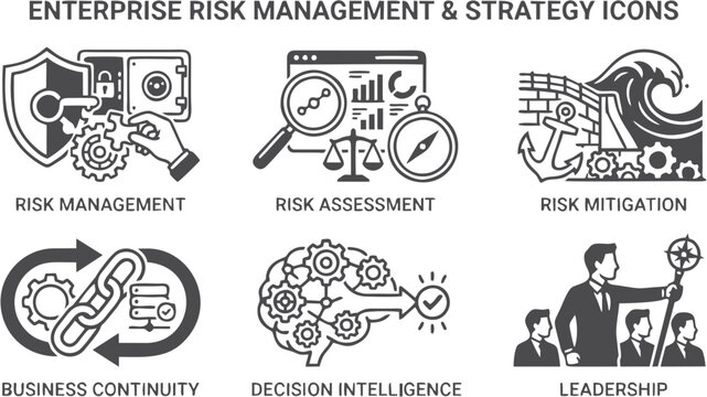 Enterprise Risk Management and Business Strategy Line Icon Set, risk management, business continuity, risk assessment, corporate strategy, decision intelligence, leadership icons, crisis mitigation