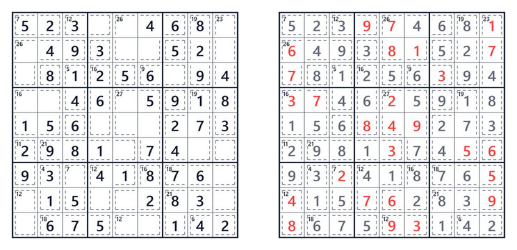Sudoku puzzle grids with solved solutions presented side by side  