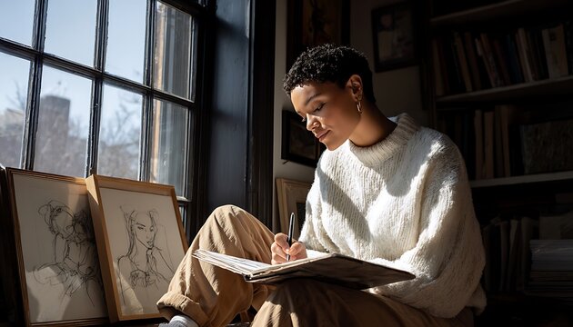 Young black woman with short hair wearing a white sweater, drawing in a sketchbook by a large window with framed art nearby