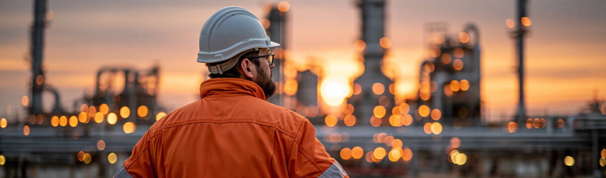 Industrial Spectacle at Dusk: An engineer in a hard hat and safety vest observes a sprawling industrial complex, its myriad lights shimmering against the twilight sky.