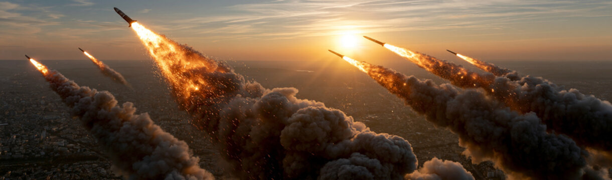 Missile Launch at Sunset: A dramatic scene unfolds as multiple missiles ascend into the sky, leaving fiery trails against the backdrop of a stunning sunset, symbolizing power and conflict.