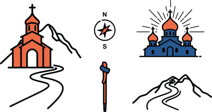 Mountain pilgrimage travel map icon set with orthodox church cathedral compass and hiking staff elements for religious tourism exploration concepts