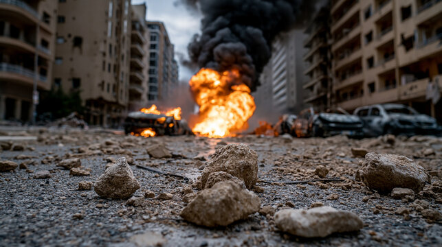 Urban Devastation: A scene of urban devastation with burning cars and buildings amidst debris, smoke billowing into the sky, depicting destruction and chaos.