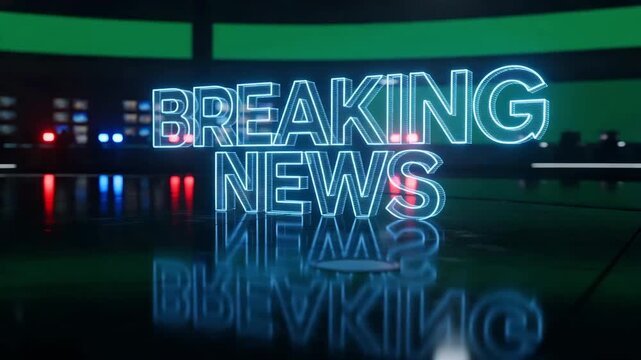 Breaking news text with glowing blue neon wireframe design rotating slowly in a modern broadcast studio setting for professional media production and digital television news updates